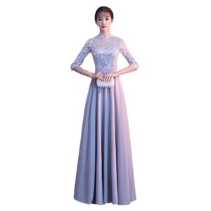 パーティードレス女性銀色グレーXS-2XLスプリング中国のビンテージプリントエレガントなスリム宴会マキシドレスvestido Feminina LR166 210531