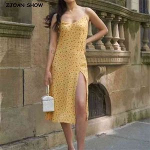 Fransk sommar blommig tryck spaghetti rem gul midi klänning retro sexiga kvinnor sling slits klänningar vestido 210429