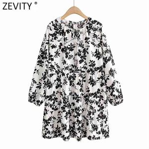 Mulheres vintage o pescoço arco preto folhas floral impressão vestido chique feminino lanterna manga casual retido ds5012 210416