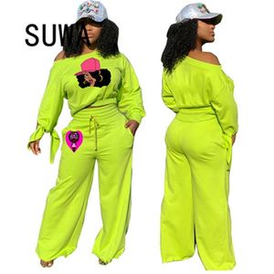 Produkt Neon Kläder Höst Vinter Kvinnor Långärmad Sweatshirt och Wide Leg Pants Matchande Sats Två Piece Suits 210525