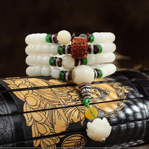Collana di bracciali di loto intagliati con semi di Bodhi bianchi per donne uomini 108 perline di preghiera Mala Bracciale avvolgente Buddismo tibetano Gioielli con perline, fili