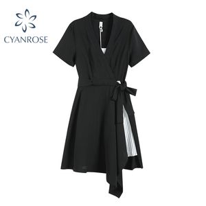 半袖不規則なパッチワークのドレス女性のハイウエストの包帯スリムな夏のドレスオフィスレディースカジュアルバギーシックインvestidos 210417
