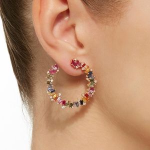 2021 Luxury Gold color round circle geometric stud earring Baguette rainbow colorful cz paved fashion trendy jewelry for women