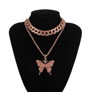 Iced Out Butterfly Necklace Set Cuban Link Chain Choker Necklace Gifts for Women Butterfly Chains Bling Hip Hop Pendant Jewelry Q2