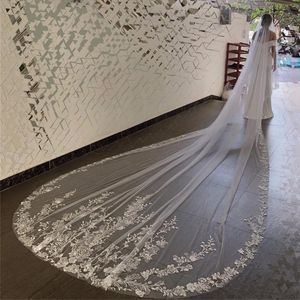 3M Long Wedding Veils Full Lace Applique Edge One Layer Cathedral Length Veils With Comb Tulle Bridal Hair Accessories