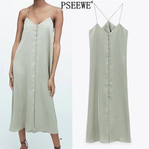 Grön Camisole Midi Satin Klänning Kvinnor Elegant V Neck Backless Sexig Slip Party Es Kvinna Lång Sommar 210519