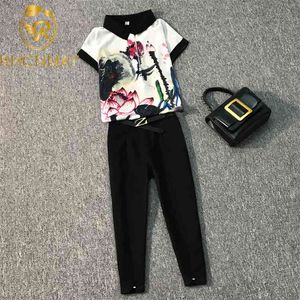 Verão de alta qualidade 2 pedaço conjunto mulheres manga curta vintage impresso chiffon camisa top + bezerro comprimento calças terno 210506