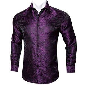 Barry.wang viola paisley camicie di seta floreale uomo camicia floreale casual manica lunga per uomo camicia vestito in forma by-09 210708