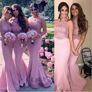 Blush Pink Mermaid Bridesmaid Dresses Halter Beaded Floor Length 2021 Newest African Plus Size Maid of Honor Gown Wedding Guest