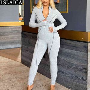 Sexy Club Outfits for Women Clubwear Solid Long Sleeve V Neck Overalls Zipper Slim Fashion Knitted Jumpsuites 210520