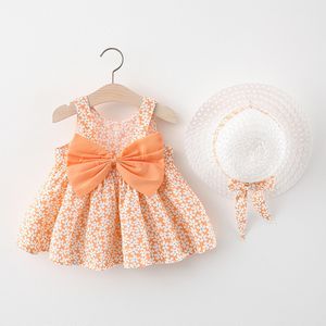 2021 Новая Мода Лето Детская Девочка Платье Цветок Платья Принцессы Для 1 Годовой Девушка День Рождения Одежда с Шляпой 2 ШТ. Детский костюм Outfit Q0716