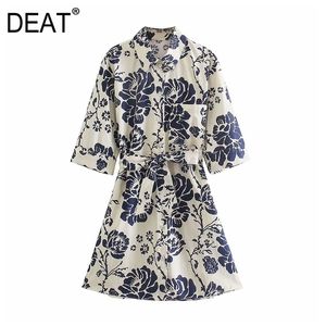 [Deat] Mulheres verão moda turn-down collar alta cintura meia manga impressão elegante mini vestido 13q387 210527