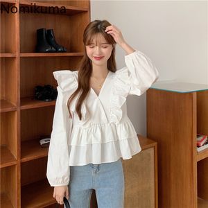 Nomikuma Höst Sweet Double Ruffle Patchwork Women Blouse V-Neck Långärmad Koreansk Docka Shirt Nya Blusas Femme Toppar 6C311 210427