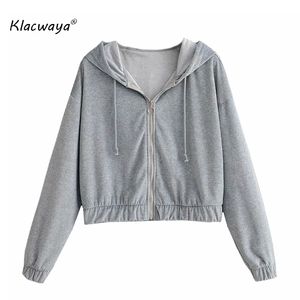 Mulheres vintage elegante cinza com capuz moletom manga longa zíper elástico feminino casacos curtos meninas chique tops 210521