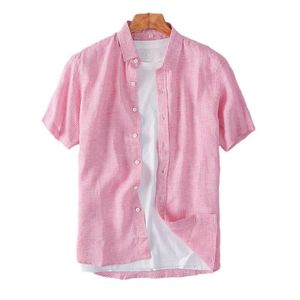 男性のための千鳥格子縞の半袖シャツのシャツのためのターンダウンカラーカジュアルトップス夏のリネン基本ピンクスリムフィット男性服210601