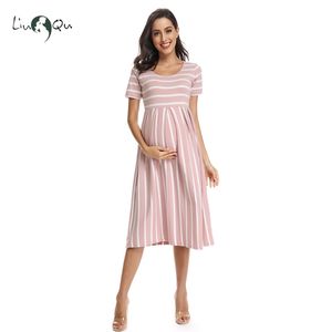 Women Summer Casual Striped Maternity Dresses Clothes Short Sleeve Knee Length Pregnancy Dress Session Pleated Baby Shower Pink 210721