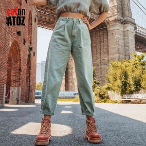 Catonatoz 2248 Kvinnors lastbyxor Grön pläterad mamma Jeans Hög midja Lös Harem Pojkvän Casual Trousers 211129