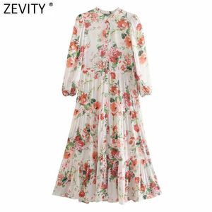 Zevity 여성 패션 플로랄 프린트 주름 싱글 브레스트 셔츠 여성 3 분기 슬리브 미디 Vestido 세련된 드레스 DS8391 210603