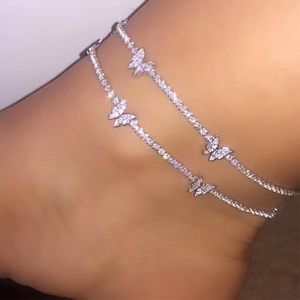 Anklets Bohemian Metal Butterfly Anklet For Women Gold Silver Color Crystal Tennis Chain Bracelet On Leg Beach Sandals Jewelry Gift
