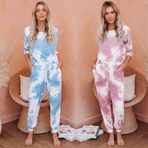 Damskie Piżamy Tye Dye 2 Piece Set Lounge Wear Pocket Homewear Garnitur Casual Moda Z Długim Rękawem Top i Spodnie Damskie Outfit Zestawy 210330