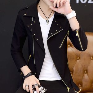 Idopy Fashion Korean Style Mens Motorcycle Jacket Irregular Zipper Slim Fit Zip Up Lapel Collar Rivet Studded Coat For Male 211013