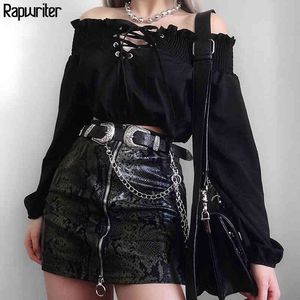 Rapwriter Gothic Off Shoulder Black Ruffled Blus Kvinnor Vår Kors Lace Up Hollow Out Long Lantern Sleeve Chic Toppar 210415