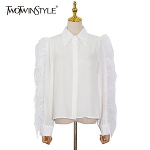 Weißes Freizeithemd für Frauen, Reverskragen, lange Ärmel, Federn, einreihige Blusen, weiblicher Sommerstil 210524