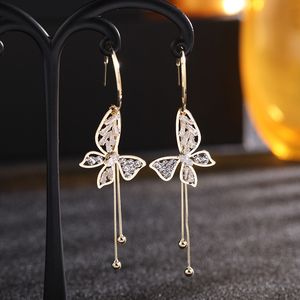 Sweet Cute Butterfly Crystal Korea Fashion Temperament Tassel Örhängen Märke Design Long Dangle Luxury Smycken