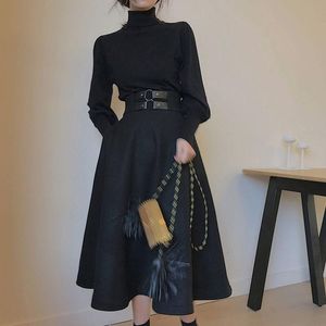 Work Dresses 2022 Autumn Winter Elegant Two-Piece Set Lady Black Turtleneck Sweater Pullover + Wool Long Party Skirt Suits