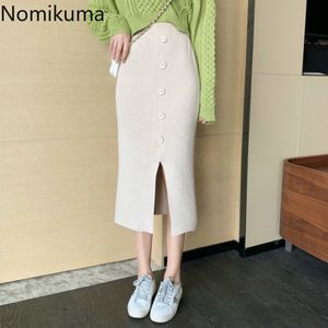 Nomikuma Herbst Winter Frauen Pullover Röcke Koreanische Tasten Split Hohe Taille Dünne Gestrickte Röcke Mode Faldas Mujer 6D269 210427