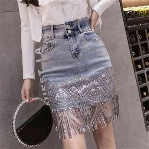Summer Korean Sexy Women Denim Mini Skirts High Waist Blue Package Hip Jeans Fashion Beading Tassel SKirt B05601 210619