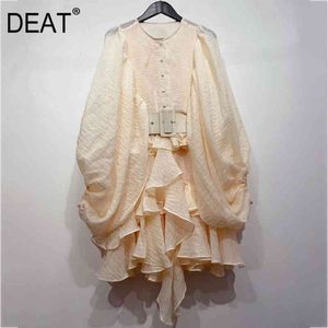 summer fashion women clothing round neck lantern sleeves ruffles pleated single breasted vintage dress +belt WL846 210421