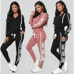 Women's Two Piece Pants Tracksuits Women Elegant Two-Pieces Suit Sets Female Stylish Plus Size LOVE Print Coat & Pant Zip Hoodie Joggers Fem