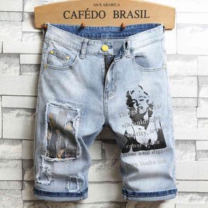 3D character art printed men's light blue comfortable denim shorts summer new youth must-have fashion slim jeans