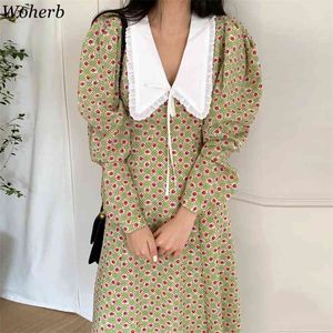 한국어 달콤한 피터팬 칼라 vestidos 세련된 랜턴 슬리브 패션 여성 드레스 봄 프린트 슬림 허리 Femme Robe 210519
