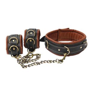 NXY Adult toys Brown PU Leather Behind The Back Handcuff With SM Collar Adult Sex Game Bondage Restraints Hard Metal Slave Toys For Couples 1202