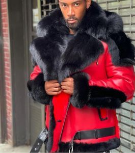 Men s Winter Jackets Thicken Velvet Fur Collar Hooded Zipper Color Block Patchwork Fashion Red Leather Jacket Men