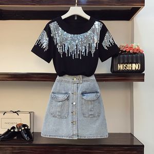 Plus Size L-4XL Letnie Panie Biurowe 2 Piece Set Cekinowy Koszulka z krótkim rękawem T-shirt Top i wysoka talia A-Line Denim Spódnica Suit 210518