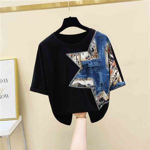 Kvinnors O Neck Kortärmad Patchwork Print Ins Super Fashion Cotton T-shirt Tee Girls Ladies Pullover Casual Tees Toppar A3643 210428