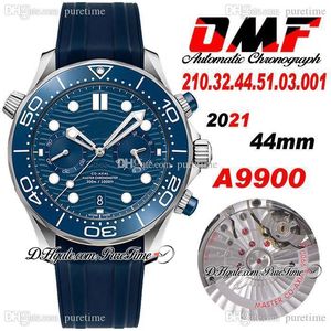 OMF 300M Cal A9900 Automatic Chronograph Mens Watch 44mm Blue Texture Dial Rubber Strap 210.32.44.51.03.001 Super Edition Stopwatch Puretime N02a1