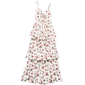 Morela Czarny Szyfonowy Kwiat Drukuj V Neck Bez Rękawów Kaskadowy Wzburzyć Długie Maxi Fit and Flare Summer Beach Dress D1365 210514