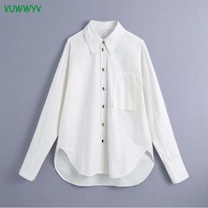 Vuwwyv algodão branco bolso camisas grandes para as mulheres streetwear botão dourado para cima camisa mulher manga longa casual tops 210430