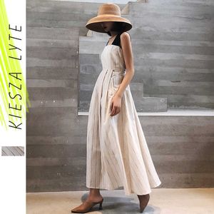 Women Stripes Dress Cotton and Linen High Waist Retro Swing Vintage Pocket Cross Back Party Casual Dresses Lady Strappy Vestidos 210608