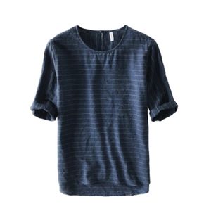 Retro T Shirt dla Mężczyzn Bawełniana Pościel Krótki Rękaw Paski Tshirts Mężczyzna Lato Nowa Moda O-Neck Tops Tees 210421