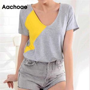 Aachoae kobiety letnie koszulki z krótkim rękawem patchworkowy w stylu harajuku T-shirt damski seksowny V Neck z krótkim rękawem Top Casual luźna tunika koszulka Femme T200613