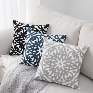 Home Decorative Embroidered Cushion Cover Navy Blue Gray Black Floral Canvas Cotton Square Embroidery Pillow 45x45cm Cushion/Decorative