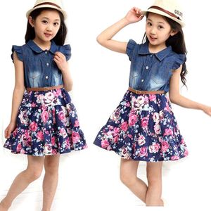 Children's Dress Girls Party Clothing Summer 2019 New Girl Short-sleeved Jeans Floral Chiffon Q0716