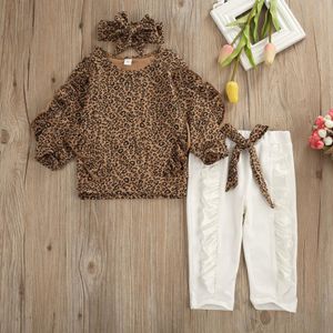 Mädchen Kleidung Sets Herbst Kind Baby Rüschen Langarm Leopard Tops Leggings Hosen Stirnband 3 stücke Outfit Set 210515