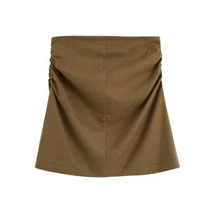 Women Fashion Side Pleated Linen Mini Skirt Vintage High Waist Back Zipper Female Skirts Faldas Mujer 210521