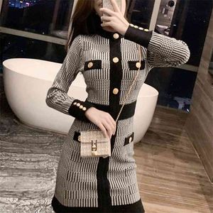 Jesień Zima Pacthwork Houndstooth Jacquard Work Nosić Koreański Ol Dzianiny Sukienka Kobiety Z Długim Rękawem Slim Sheath Bodycon Sweter 210514